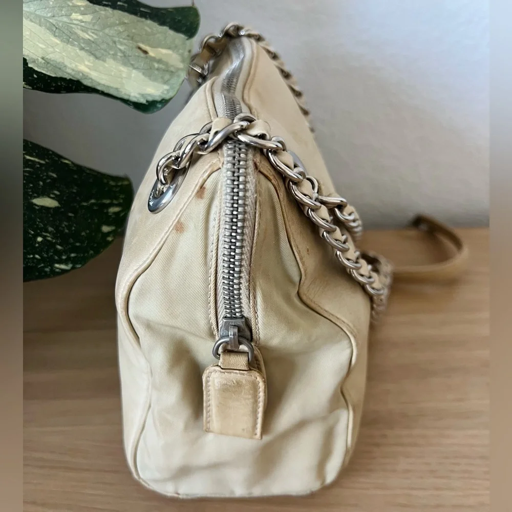 Vintage Prada Chain Shoulder Bag Leather Beige Authentic - Picture 5 of 16